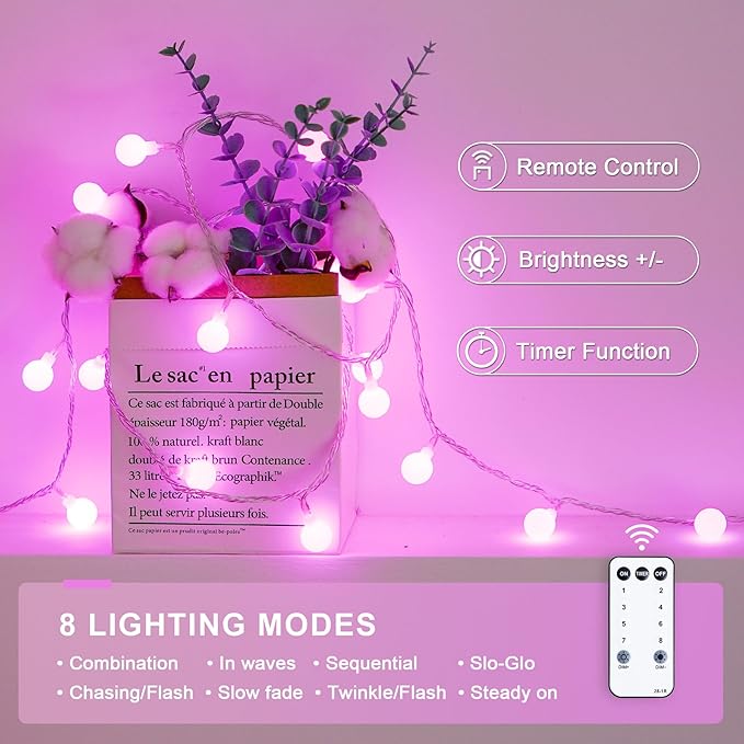 JMEXSUSS 100 LED Pink String Lights Indoor, 33 ft Connectable Globe Pink Lights - Image 4
