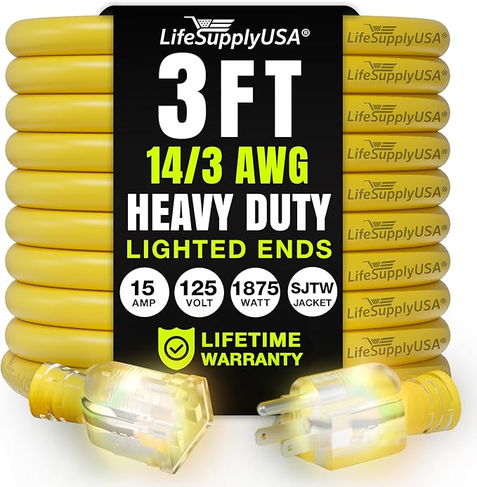 3ft Outdoor/Indoor Extension Cord 14/3 Gauge Heavy Duty 3 Prong SJTW, Waterproof by LifeSupplyUSA