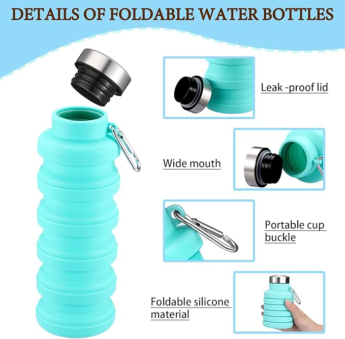 Baderke 2 Pcs Collapsible Water Bottles 17oz Silicone Travel Foldable Portable - Image 3