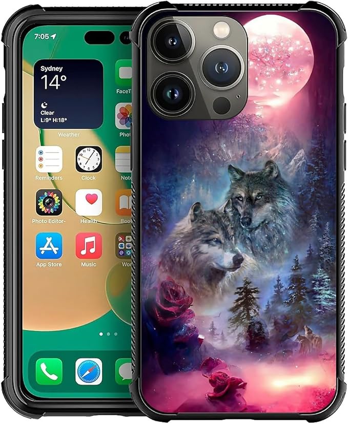 for iPhone 14 Pro Case, Star Two Wolfs Howling Pattern Graphic Design Girl Boy by FKBRCL4U