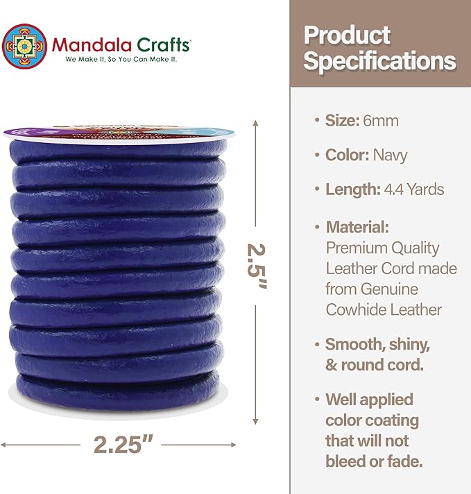 Mandala Crafts Round Genuine Navy Blue Leather Cord - Image 4
