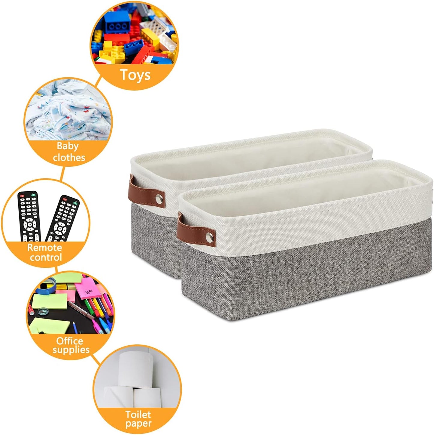 DULLEMELO Small Storage Baskets 15"x6"x5.5", Fabric Storage Bins for Toilet Tank Top [2 Pack], Back of The Toilet Basket (White&Grey)