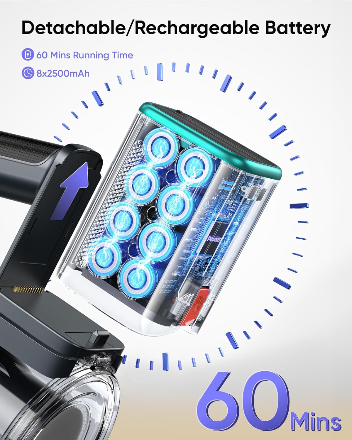 Cordless Vacuum Cleaner, 50Kpa 600W Vacuum Cleaners for Home, 60 Mins Stick Vacuum Cordless Rechargeable, Self-Standing, Wall Mount Charging Household Vacuum Cleaner for Carpet Pet Hair Hardwood Floor