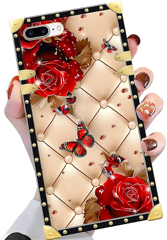 Compatible with iPhone 8 7 SE Case, Shining Red Rose Butterfly Leather - Image 3