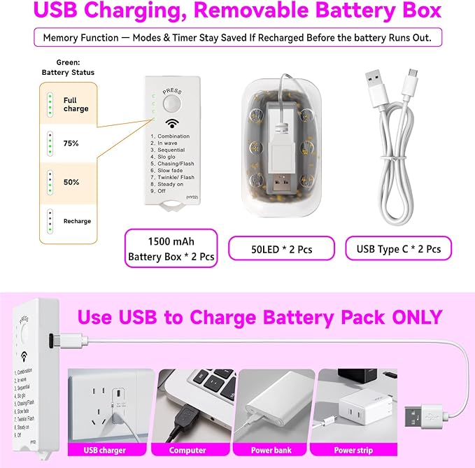 HXWEIYE Rechargeable Fairy Lights Battery Operated, DIY Timer & 8 Modes - Image 6