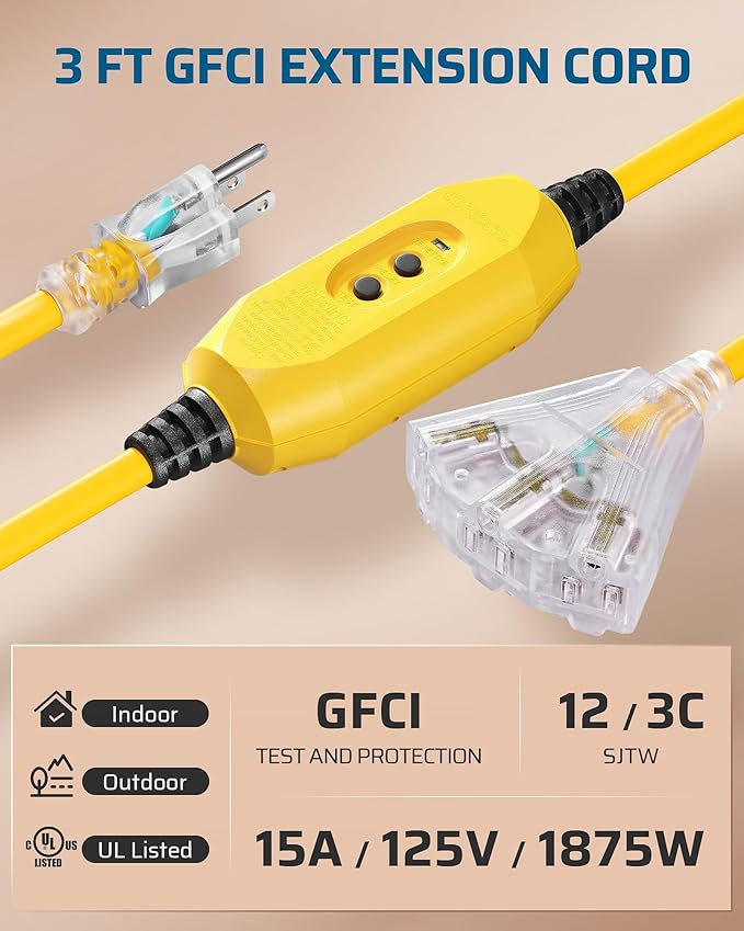DEWENWILS 3 FT Automatic GFCI Extension Cord Outdoor, 12/3 Gauge Extension Cord - Image 2