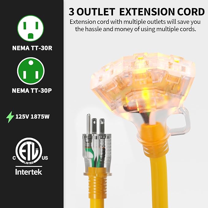 POWGRN 1 FT 2 Pack 12/3 Gauge Extension Cord - Image 2