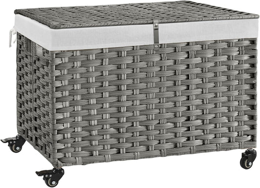 Rolling Storage Basket with Lid, 47.6 Gallon (180L) Storage Bin with Wheels, Woven Rattan Blanket Storage Basket with Handles, Foldable, Metal Frame, Removable Liner for Bedroom, Laundry Room, Grey
