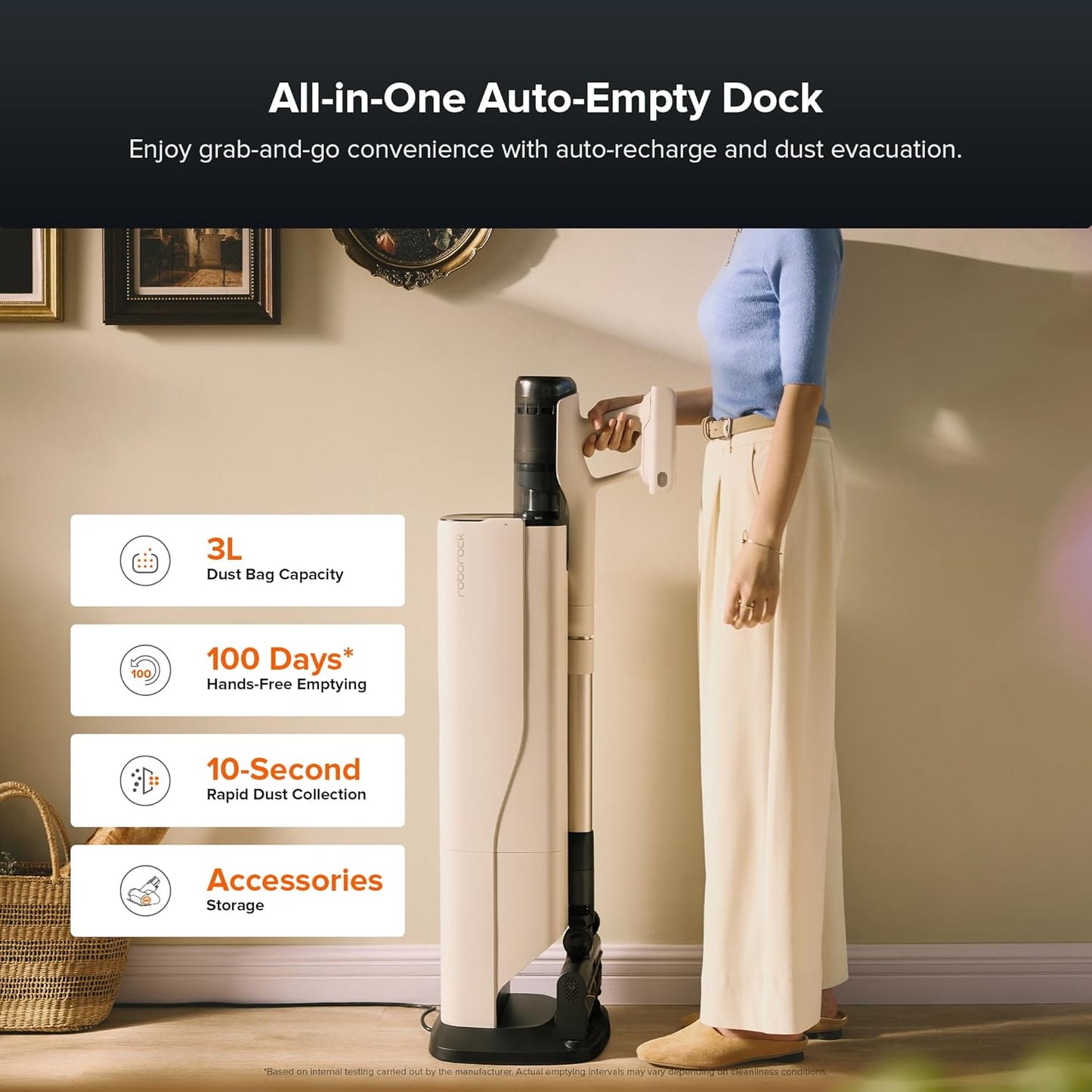 roborock H60 Hub Pro Cordless Stick Vacuum Cleaner with Auto-Empty Dock, 170AW Suction for Carpets and Hard Floors, Vacuum Cleaner with 80-Min Runtime, Anti-Tangle Brush, 140° Green LED Dust Detection