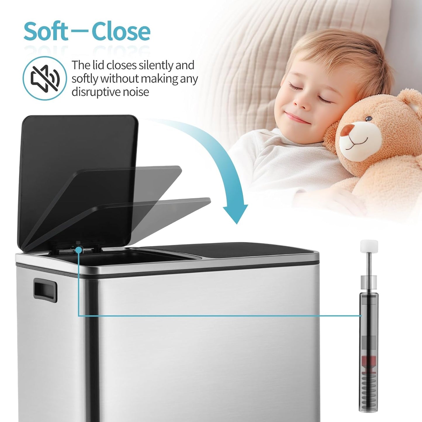 16 Gallon Rectangular Stainless Steel Trash Can, Dual Compartment Garbage Bin with Recycling Combo, Metal Dustbin Lid, Removable Liner, Indoor Hands Free Waste Bucket for Kitchen Home