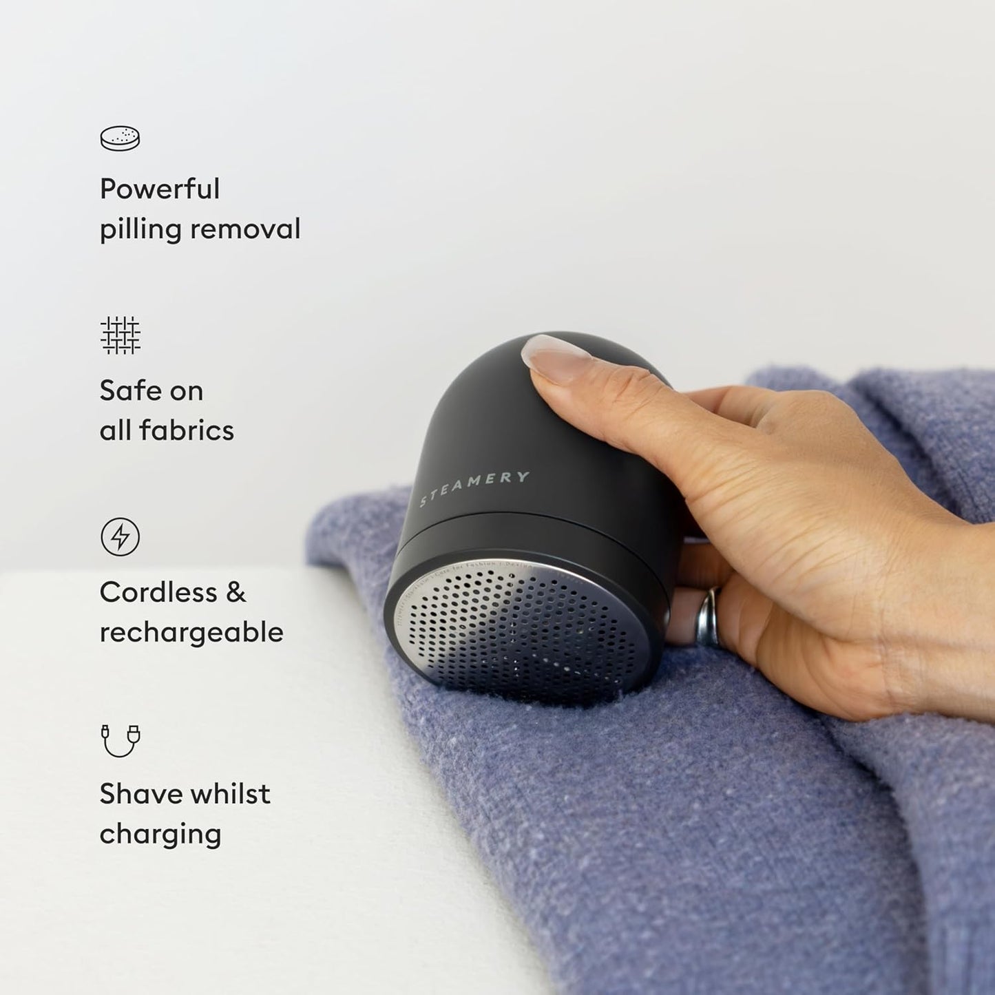 Steamery Fabric Shaver Pilo 2, Removes Lint and Pilling from Clothes and Textiles, Rechargeable Lint Remover with USB, Black