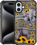 for iPhone 16 Plus Case, Cute Little Elephant Sunflower White Line Art Pattern by FKBRCL4U