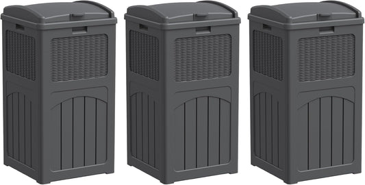 Greesum 33 Gallon Outdoor Trash Can with Lid, Waterproof Resin Garbage Bin for Hideaway, Deck, Patio, 3 Pack, Gray