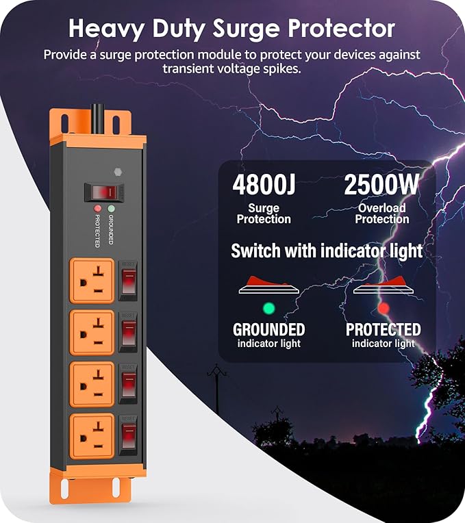 CCCEI Heavy Duty Surge Protector Power Strip 20 Amp Individual Switches. 20FT - Image 2