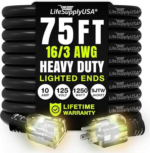 75ft Outdoor/Indoor Extension Cord 16/3 Gauge Heavy Duty 3 Prong SJTW, by LifeSupplyUSA