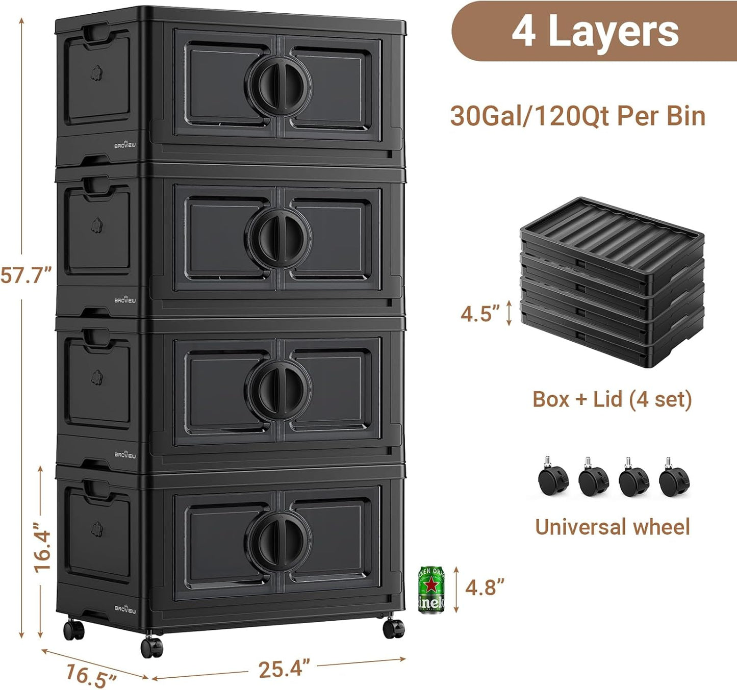BROVIEW 480Qt Lockable Stackable Storage Bins with Lids, Closet Organizers and Storage Drawer, Collapsible Storage Bin with Wheels, Plastic Cabinet for Toy Clothes Dorm Organizer, V9 4 Pack Black