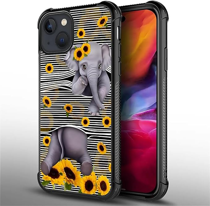 for iPhone 15 Plus Case, Cute Little Elephant Sunflower White Line Art Pattern - Image 7