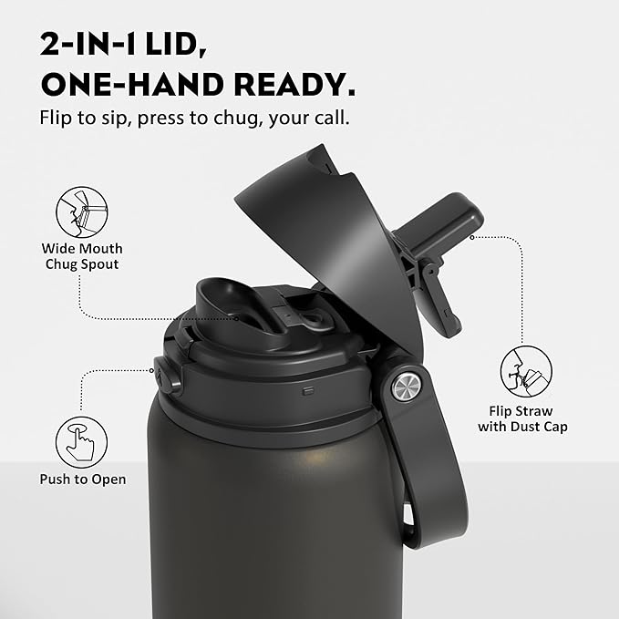 POWCAN 32 oz Insulated Water Bottle: 2-in-1 Push-Button Spout & Quick-Flip - Image 2