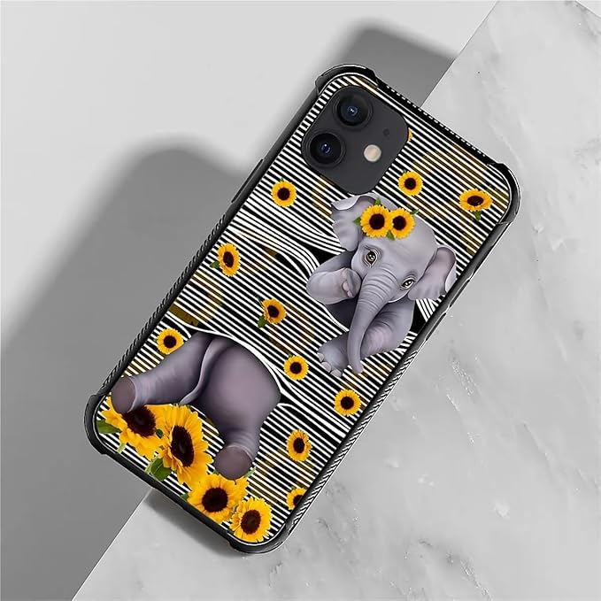 for iPhone 12/12 Pro Case, Cute Little Elephant Sunflower White Line Art - Image 7