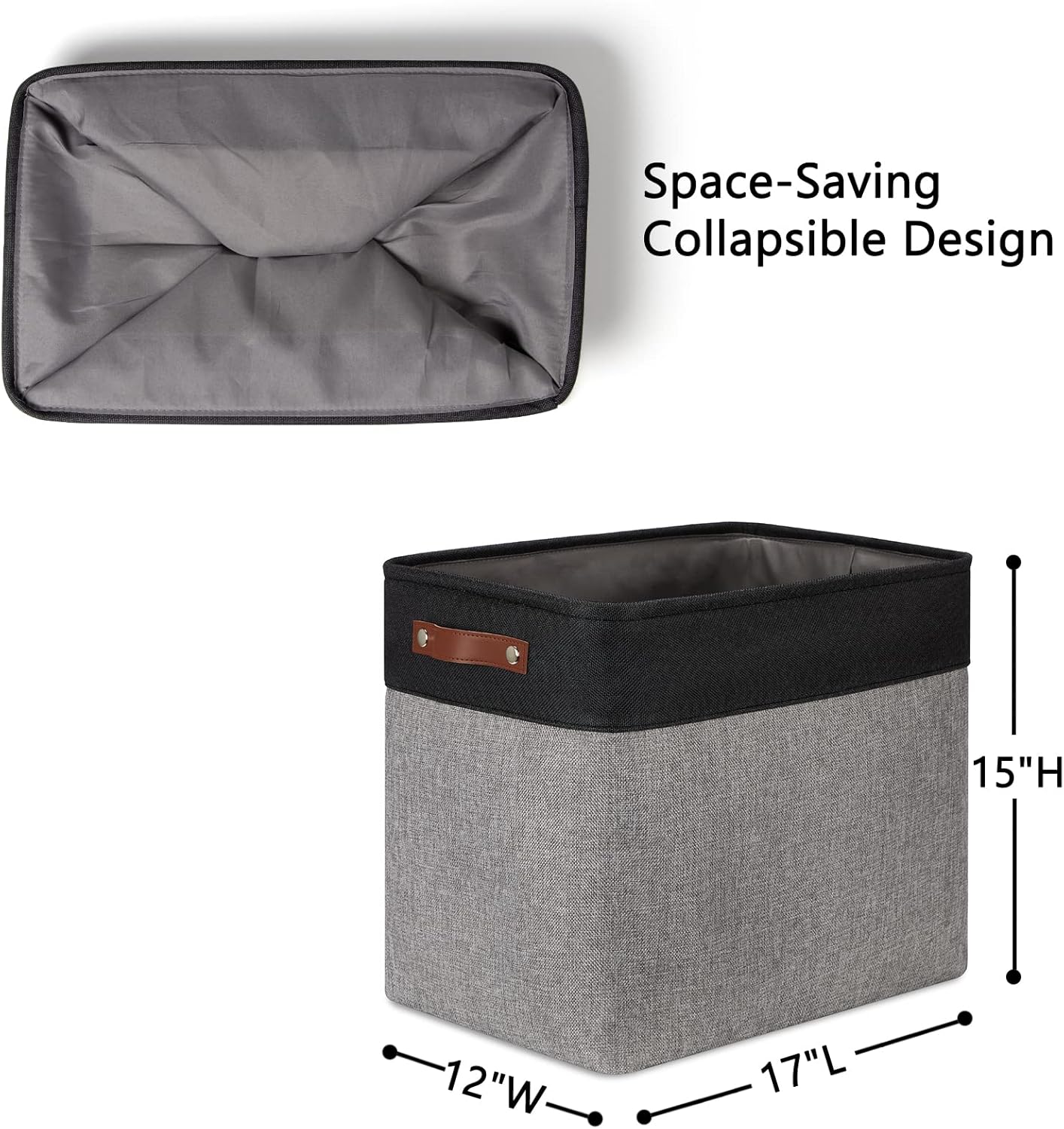 DULLEMELO Large Collapsible Storage Basket/Bin with Sturdy Leather Handles, Fabric Organizer Bin for Storage Clothes, Toys, Books, Office, Bedroom, Closet, Nursery & Laundry (Black&Gray)