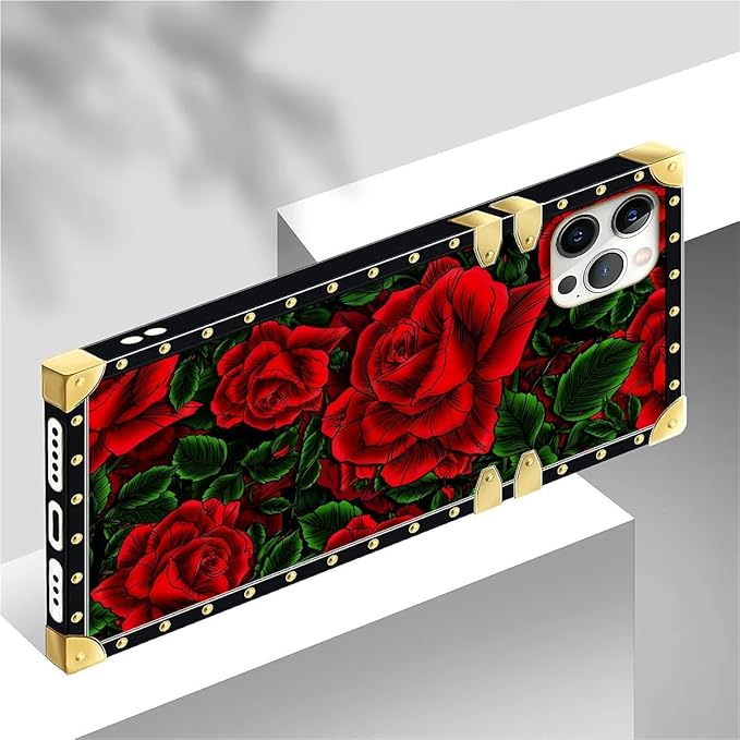 Compatible with iPhone 12 12 Pro Case, Vector Red Rose Green Leaf Luxury Golden - Image 4