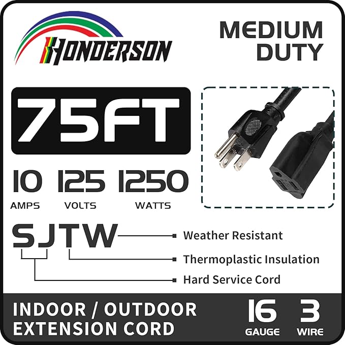 75FT Outdoor Extension Cord-16/3 SJTW Durable Black Extension Cable - Image 3