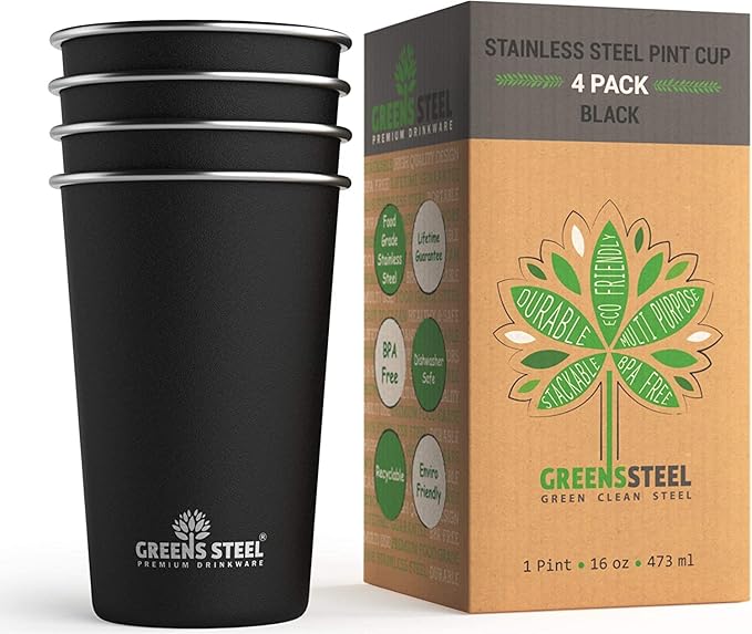 Stainless Steel Cups - 16 oz Pint Tumbler - Premium Metal Drinking Glasses | by GreensSteel
