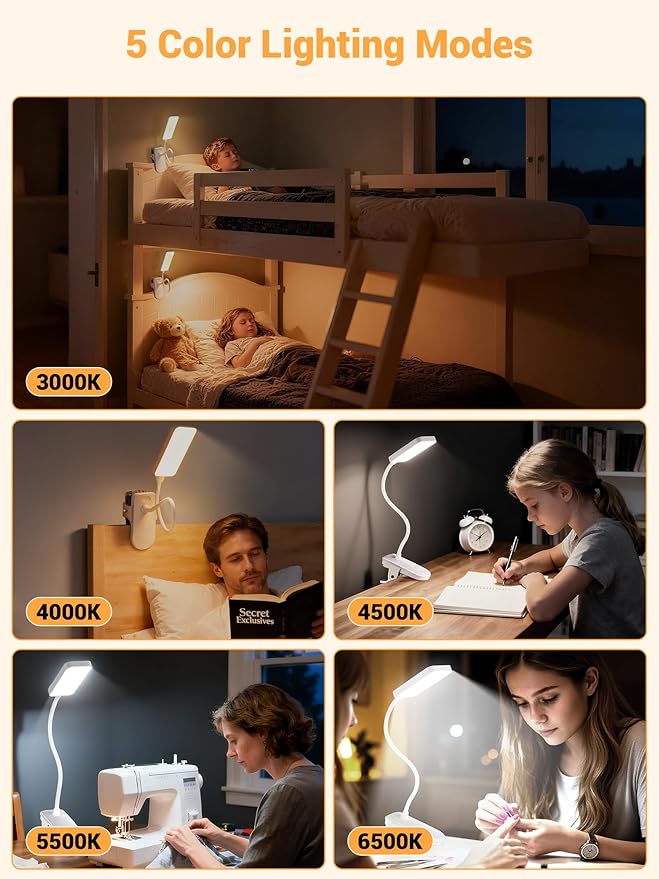 Clip on Lamp, 9 Brightness+5 Color Clamp Light, 4000mAh Battery Rechargeable - Image 6