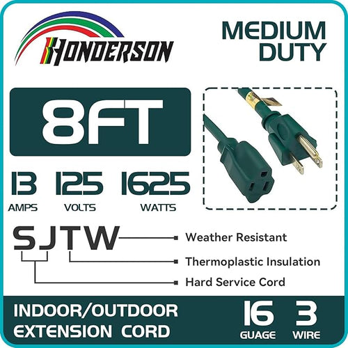 8FT Outdoor Extension Cord-16/3 SJTW Durable Green Extension Cable - Image 2