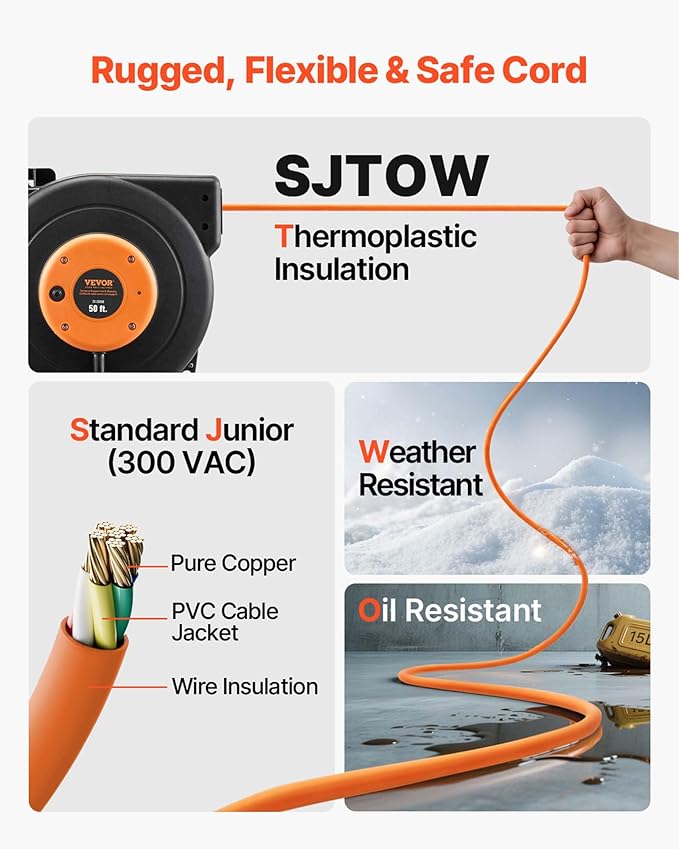VEVOR Retractable Extension Cord Reel, 50 FT Heavy Duty 14AWG/3C SJTOW Power - Image 4