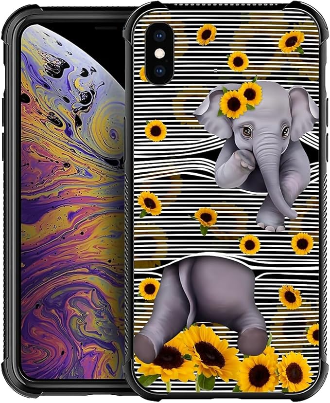 for iPhone Xs Max Case, Cute Little Elephant Sunflower White Line Art Pattern by FKBRCL4U