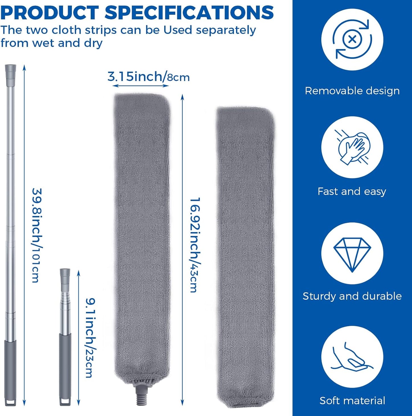 Retractable Gap Dust Cleaner Cleaning Tools with 2 Microfiber Dusting Cloths Long Handle 60inches Washable and Retractable Duster Brush for Cleaning Under Appliances Furniture Couch Fridge