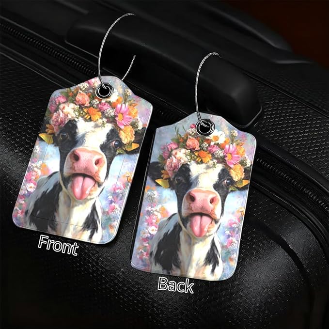 2Pcs Spring Floral Cow Luggage Tags - Image 2