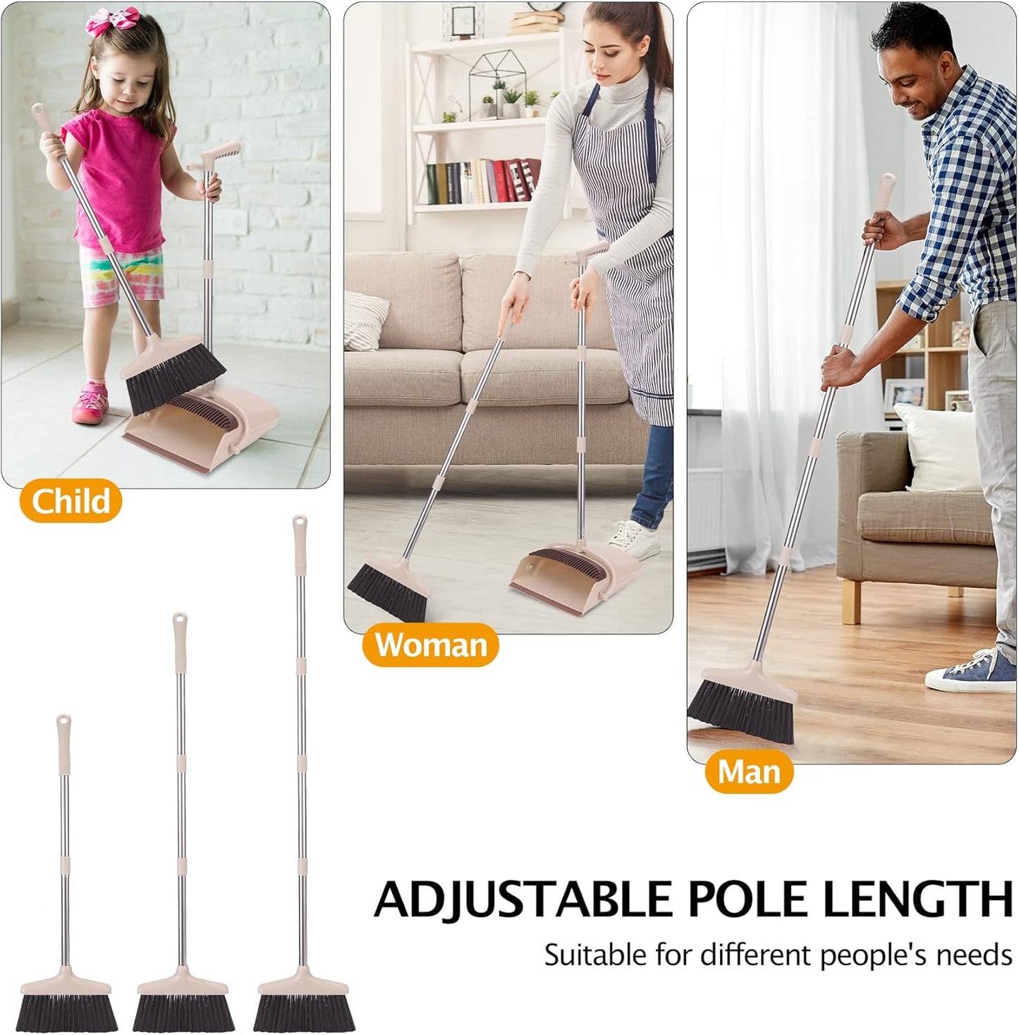 Broom and Dustpan Set with Long Handle, Light Weight Stainless Steel Poles Stand Upright Dustpans with Broom Combo for Home Kitchen Office Pet Dog Hair, Brown & Beige Color, 1-Pack