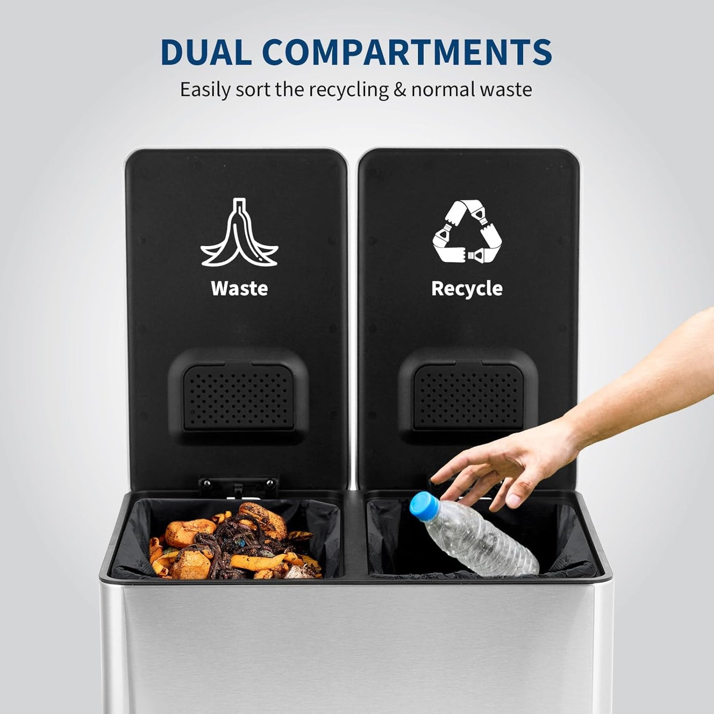 GarveeHome Dual Trash Can, 2x4 Gallon (2x15L) Stainless Steel Step Trash Can, Rectangular Garbage Can for Kitchen, Office with 2 Compartments, Removable Inner Buckets, Soft-Close Lid, Silver