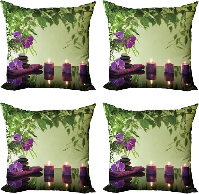 Ambesonne Spa Throw Pillow Cushion Case Pack of 4, Stones Aromatic Candles and by Ambesonne