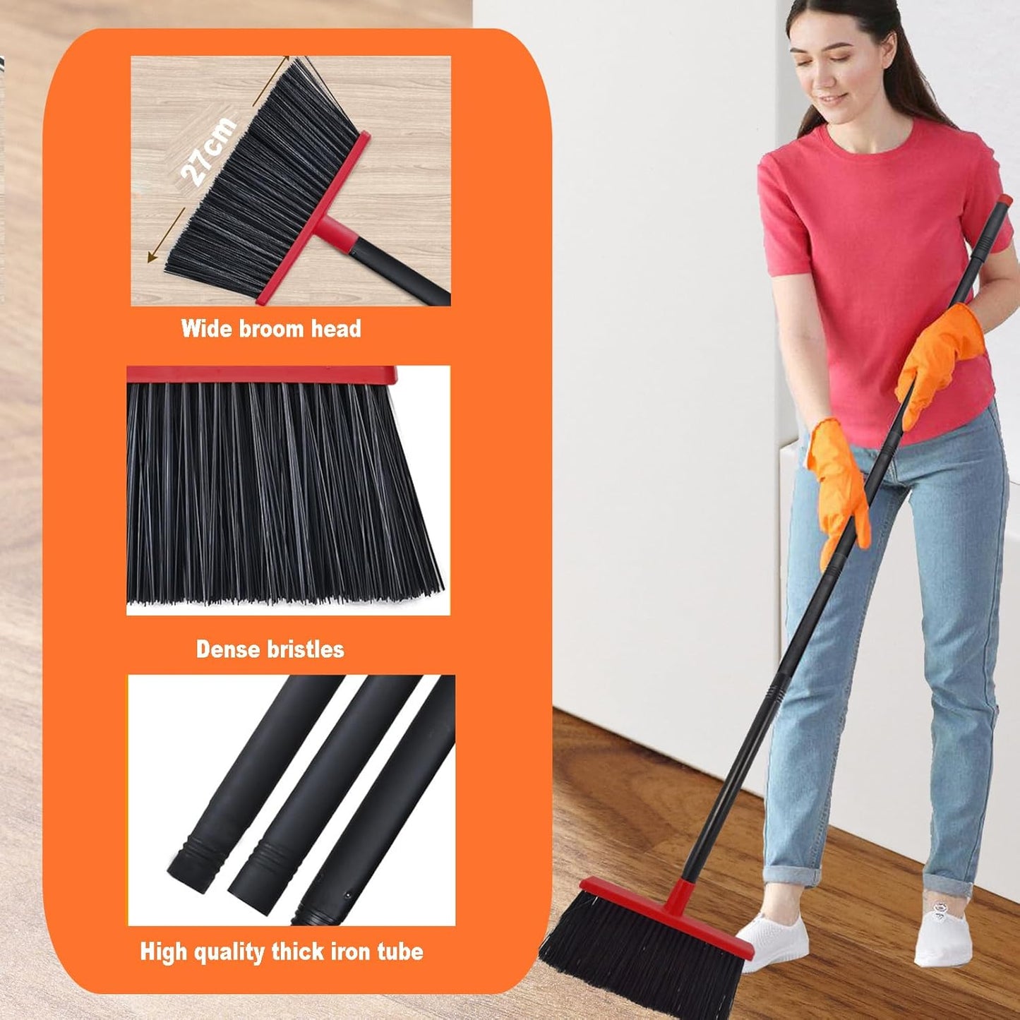 Heavy-Duty Adjustable Angle Broom with 56" Steel Handle - Ideal for Home, Garage, Kitchen, Bathroom, Office, and Outdoor Use - Durable & Efficient Cleaning Tool for Hard Floors (Red)
