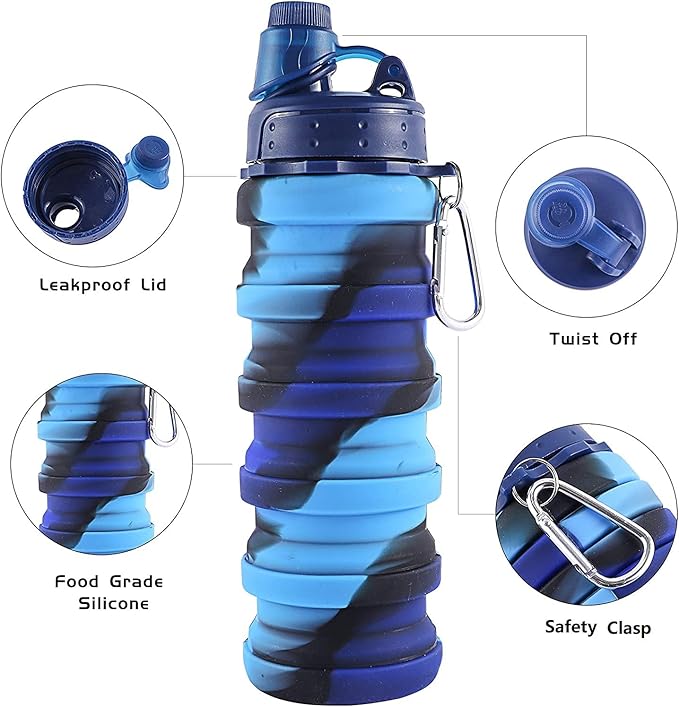 Collapsible Water Bottles 2 pack Travel Water Bottle 500ML（ Blue Camouflage + - Image 3