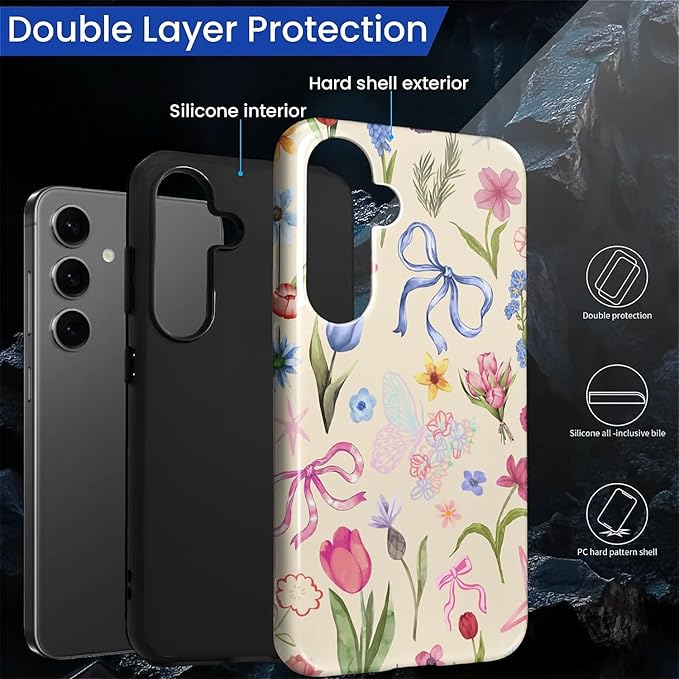 for Samsung Galaxy S25 Case, HL2 Aesthetic Flower Preppy Collage Hybrid 2 Layer - Image 2
