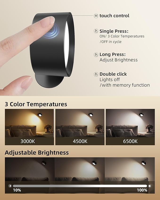 LED Wall Mounted Lights, Rechargeable Wall Sconce Lamps, 3 Color Temps & Remote - Image 5