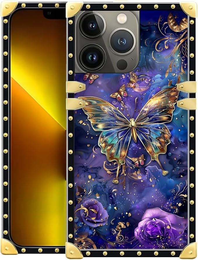 Compatible with iPhone 13 Pro Case, Glistening Golden Butterfly Vibrant Purple by Unknown