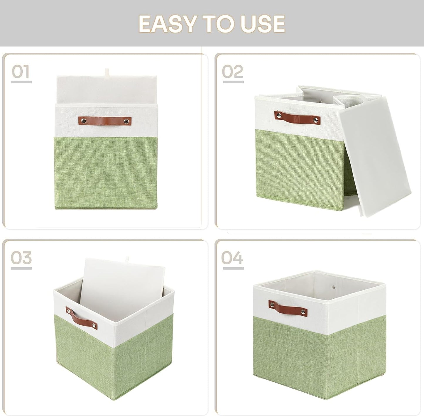 HNZIGE Fabric Storage Cubes for Shelves Set of 4 ,Storage Cubes Baskets 12 x12, Decorative Storage Bins Basket with Handles, Green Baskets for Organizing Home Nursery(Green White)