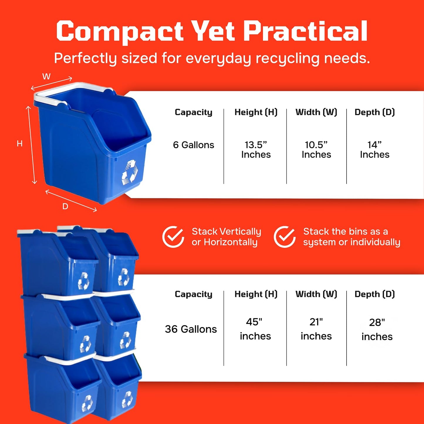 Multi Recycling Bin System with Three Stacking 6 Gallon Bins with Carrying Handles, Stackable and Compact for Offices, Homes, Garages, Businesses (Yellow, 6 Pack)