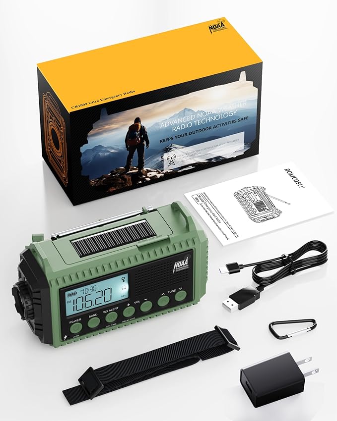 Emergency Weather Radio, Hand Crank 12000mAh Battery Powered Auto Alert NOAA - Image 7