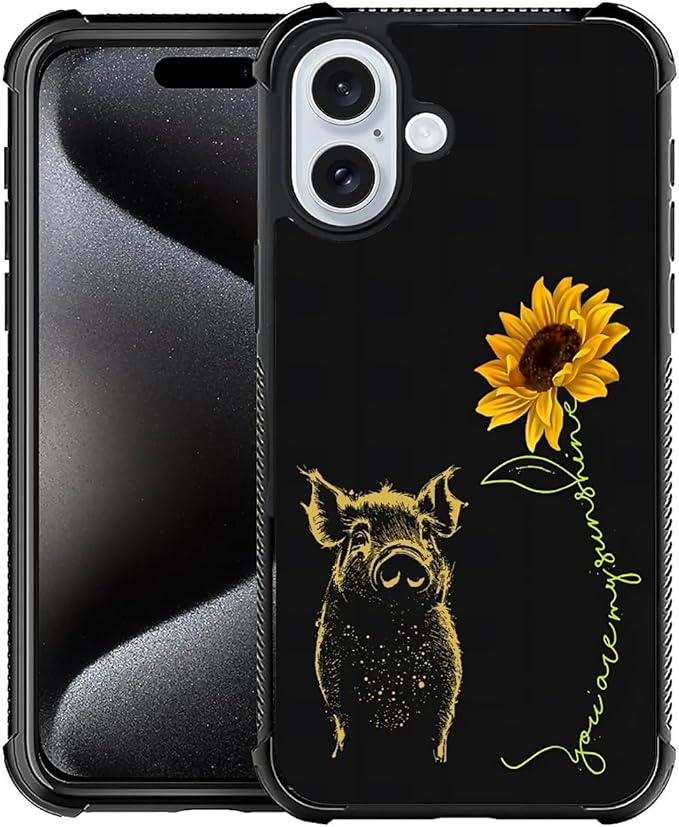 for iPhone 16 Plus Case, Pig Sunflower Yellow Sunshine Pattern Graphic Design by FKBRCL4U