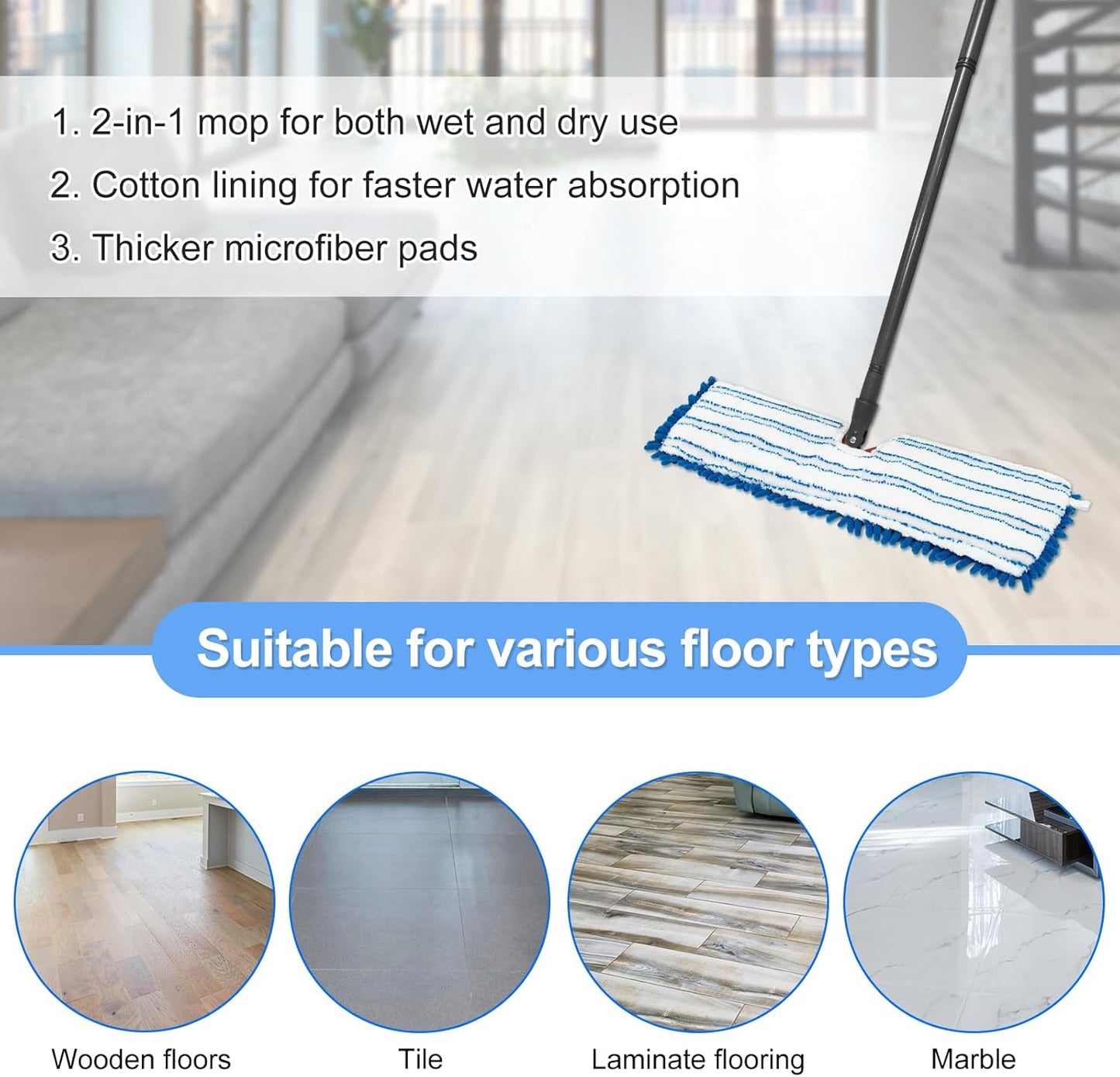 3 Pack Mop Heads Replacements for Ocedar Dual-Action Microfiber Flip Mop, Double Sided Mop Replace Head Mop Refills with Microfiber & Chenille for Dry Wet Use, Reusable, Machine Washable