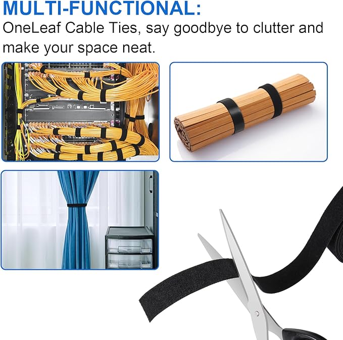 OneLeaf Hook and Loop Roll Reusable Fastening Cable Ties, 20ft x 1inch Black - Image 6