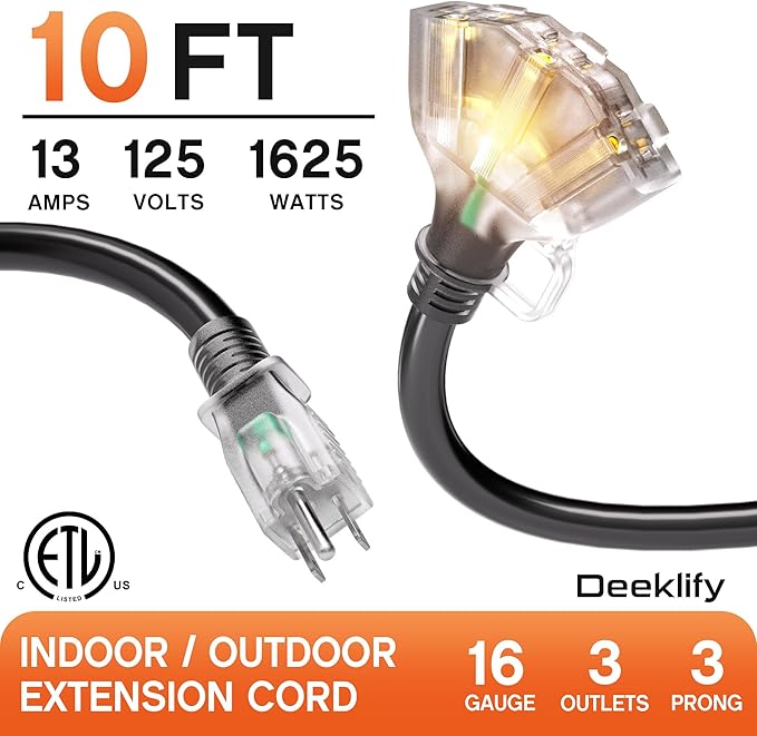 10 ft 16/3 awg 3 Outlet Extension Cord Splitter - Image 2
