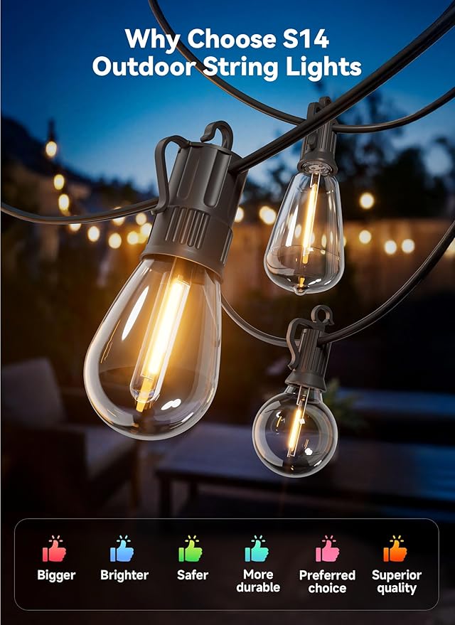 Minetom 53FT Outdoor String LED Patio Lights Waterproof, 24 Shatterproof S14 - Image 2