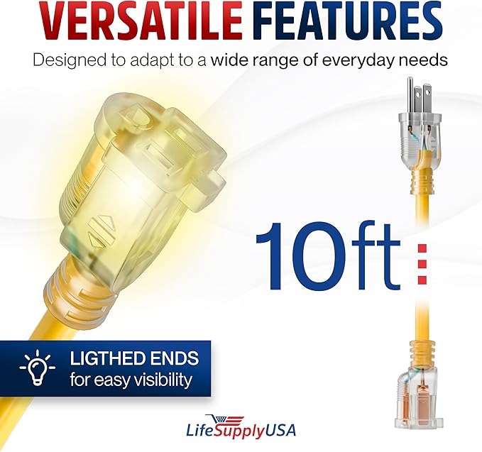 10ft Outdoor/Indoor Extension Cord 16/3 Gauge Heavy Duty 3 Prong SJTW, - Image 6